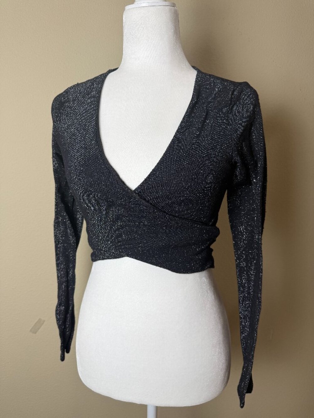 H&M Divided Sparkly Shiny Black Lurex Wrap Top Size Small
